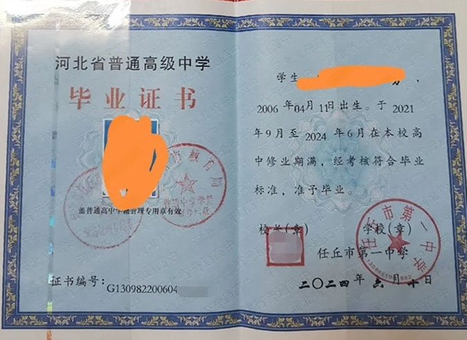 台中任丘市第一中学高中毕业证样本图片